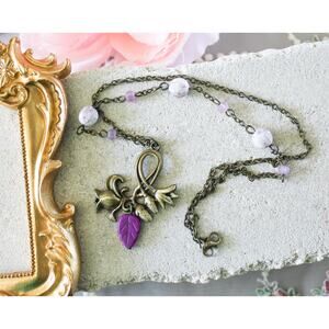 Handmade Bronze Flower Pendant Necklace Purple Turquoise Leaf Gold Enamel Beaded